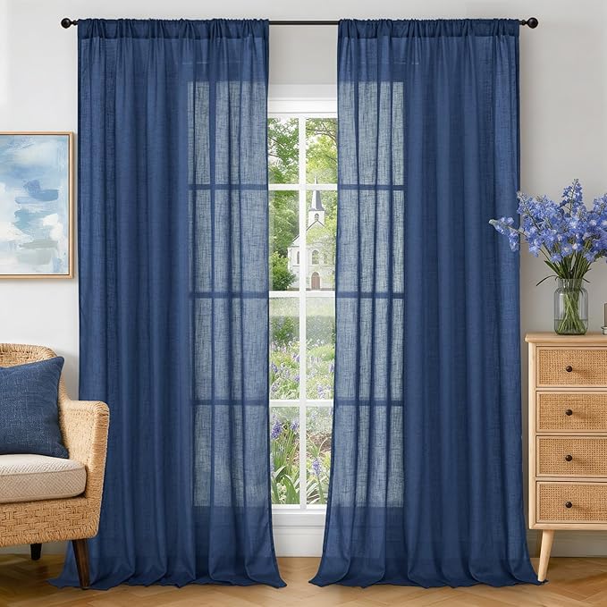Curtain Panels in Navy Linen Blend, Light Filtering, Set of 2