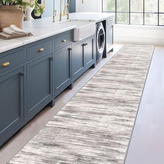 KOZYFLY Modern Abstract Washable Rug Runner 2.6x14 Hallway Rug Runner Non-Slip Soft Kitchen Runner Rugs, Grey/Light Beige/Brown Striped Carpet for Entryway Bathroom