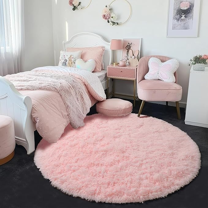 Amdrebio Light Pink Round Circle Rug 4Ft for Girls Bedroom, Fluffy Cute Area Rugs for Kids Room Decor Aesthetic, Kawaii Shag Fuzzy Fur Carpet for Nursery, Preppy Dorm, Classroom, Playroom, Teen, Baby