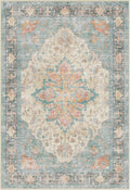RELEANY Area Rugs Round 6ft Washable Non-Slip, Floral Vintage Distress Print Pattern Medallion Carpet for Living Room Bedroom Dining Room, Blue Orange Red