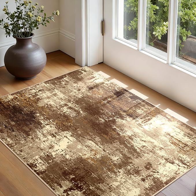 Washable Area Rugs 3'x5' Non-Slip Modern Abstract Soft for Living Room Entryway Bedroom Nursery, Print Pattern, Brown Tan Beige Coffee