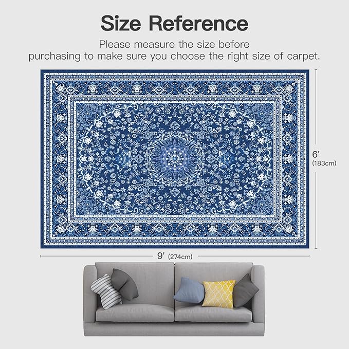 Lofus 6x9 Area Rugs for Living Room, Machine Washable Non-Slip Area Rug, Low Pile Large Rugs for Bedroom, Kitchen, Dining Room, Home Office, Vintage Oriental Print Rug, Dark Blue with White