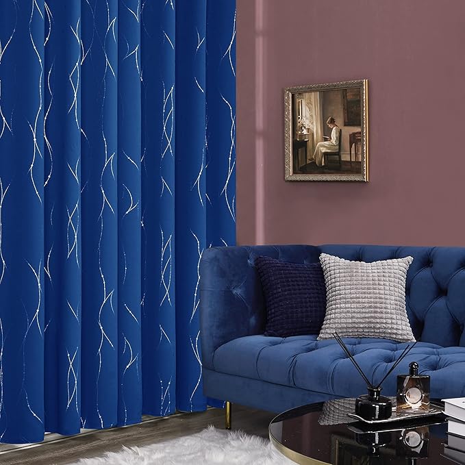 Deconovo Blackout Curtains, 38 x 84 Inch Drapes for Living Room with Wave Dots Silver Print, Soundproof Thermal Insulated Window Curtain for Bedroom Nursery, Set of 2, Machine Washable, Royal Blue