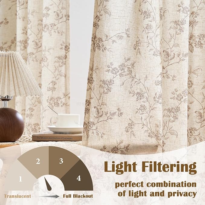 "Lazzzy Farmhouse Polyester blended Curtains Taupe Floral Curtains 96 Inch Length Back Tab Drapes for Living Room Bedroom Light Filtering Country Vintage Rod Pocket Curtain, 2 Panels, Taupe on Beige