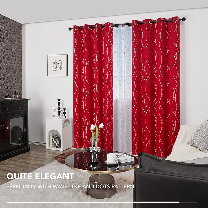 Deconovo Christmas Curtains, Red Curtain, Blackout Drapes, Thermal Insulated Noise‑Reduced Drape, Wave Line Dots Foil Print, 52 x 84 Inch, 2 Panels, Machine‑Washable Window Panel for Party Living Room