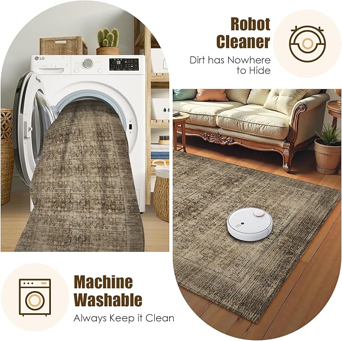 Washable Area Rug 4' x 6' Vintage Traditional Persian Mat - Foldable Distressed Non-Slip Machine Washable Carpet for Living Room Bedroom Kitchen Home Decor - Mocha and Taupe
