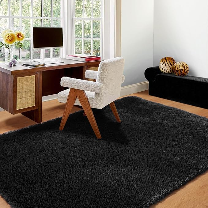 ONASAR Black Rugs for Bedroom, 3x5 Fluffy Bedside Small Area Rug, Soft Plush Fuzzy Shaggy Indoor Floor Carpet for Living Room Nursery College Dorm Teen Kids Girls Boys Home Decor Aesthetic