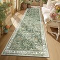 Yamaziot Washable Runner Rug 3x10 – Large Floral Non Slip Boho Hallway Runner Rug with Rubber Backing, Low Pile Faux Wool Distressed Carpet for Kitchen, Laundry, Bedroom, Entrance, Green