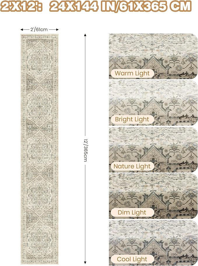 Hallway Runner Rug 2x12, Extra Long Washable Runner Rugs with Rubber Backing, Non Slip Runner, Vintage Rug Runners for Kitchen Laundry Room Entryway (Brown/Beige,2'x12')