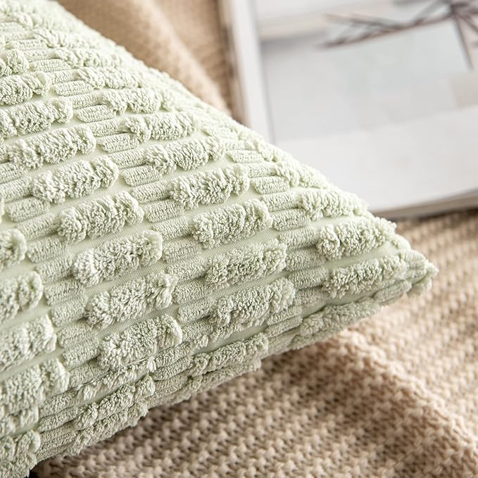 MIULEE Pack of 2 Spring Corduroy Decorative Throw Pillow Covers 20x20 Inch Soft Boho Striped Pillow Covers Modern Farmhouse Home Decor for Summer Sofa Living Room Couch Bed Light Green