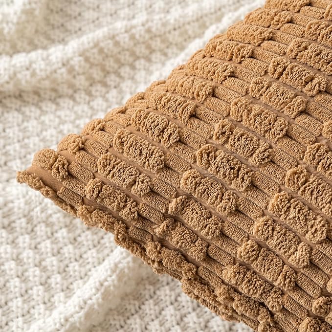 MIULEE Pack of 2 Corduroy Decorative Throw Pillow Covers 20x20 Inch Soft Boho Striped Pillow Covers Modern Farmhouse Home Decor for Sofa Living Room Couch Bed Brown