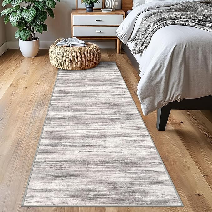 KOZYFLY Modern Abstract Washable Rug Runner 2x7 Hallway Runner Rug Non-Slip Soft Kitchen Runner Rugs, Print Grey/Light Beige/Brown Striped Carpet Runner for Entryway Bathroom