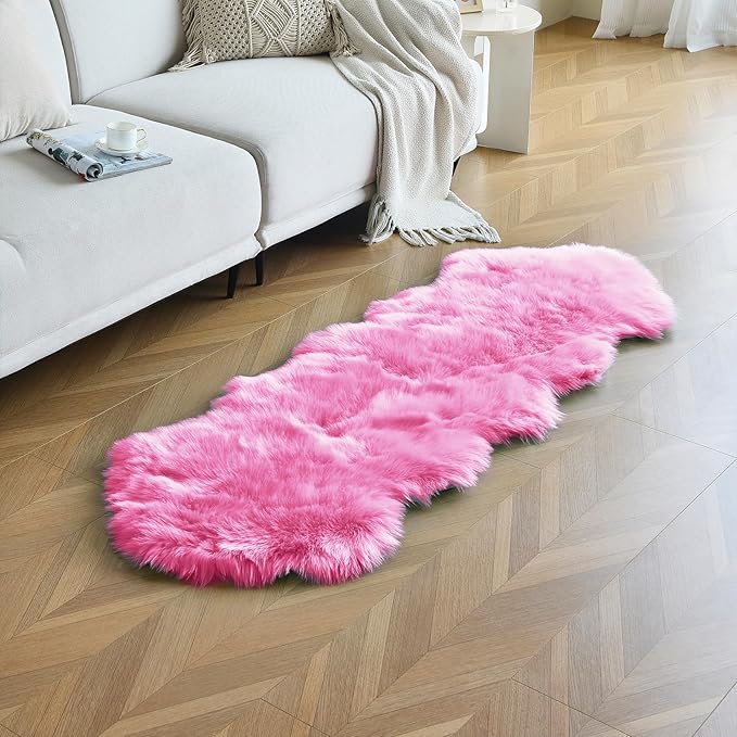 duduta Hot Pink Faux Sheepskin Runner Rug 2x6 ft, Fluffy Shag Girls Bedroom Dorm Rug Decor Fur Seat Covers Washable