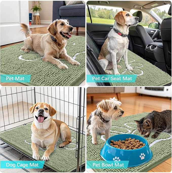 OLANLY Dog Door Mat for Muddy Paws 24x16, Paw Print Design, Absorbs Moisture and Dirt, Non-Slip Washable Doormat, Quick Dry Chenille Mud Mat for Dogs, Entry Indoor Entryway Carpet, Sage Green