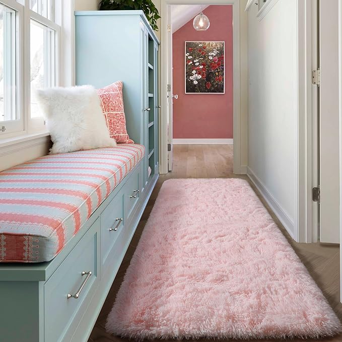 ONASAR Pink Runner Rugs for Bedroom Living Room, 2x6 Bedside Hallway Fluffy Area Rug, Ultra Soft Plush Furry Faux Fur Non Slip Floor Carpet for Nursery Kids Dorm Closet Home Decor Aesthetic