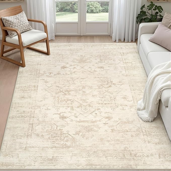 6x9 Area Rugs for Living Room: Vintage Boho Neutral Washable Rug Indoor Soft Large Area Rug Carpet for Bedroom Nursery Farmhouse Dining Room Office Floor Non-Slip Low Pile Under Table Rug Beige/Brown