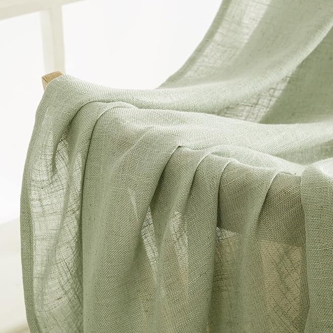 MIULEE Sage Green Linen Curtains 63 Inch Length 2 Panels for Bedroom Living Room, Soft Thick Linen Textured Kitchen Window Drapes Semi Sheer Light Filtering Back Tab Rod Pocket Burlap Look Decor