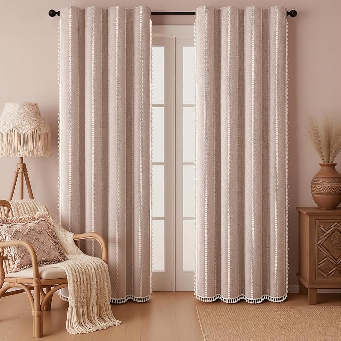 Taupe Boho Blackout Curtains 2 Panels 84 Inch for Living Room Bedroom, Blush Beige Warm Linen Texture Farmhouse Curtains with Tassels and White Cotton Embroidery Vintage Rustic Country Western