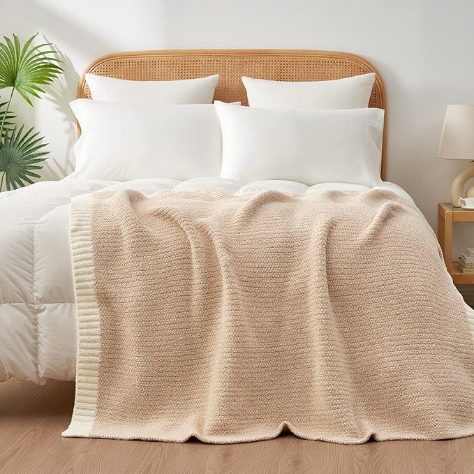 Snuggle Sac Heather Throw Blanket for Couch, Reversible Super Soft Blankets Warm Cozy Knit Fuzzy Plush Lightweight for Sofa, Bed, Camping, Picnic (Heather Beige, Throw-XL(50"x 70"))