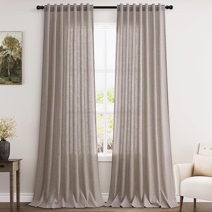 Extra Long Brownish Grey Curtains 2 Panels 102 Inches Long for Living Room Back Tab Pocket Light Filtering Semi Sheer Drapes Cotton Linen Textured Window Curtain 102 Inch Length for Bedroom 9 FT
