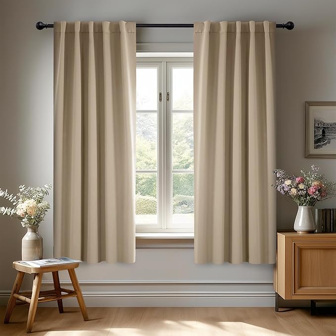 Deconovo Blackout Curtains, Thermal Insulated, W42 x L63 2 Panels, Back Tab, Machine Washable, Room-Darkening Drapes for Bedroom/Living Room Khaki