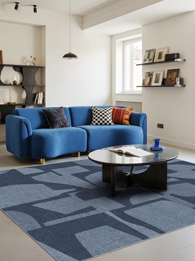 Latte&Fog 5x7 Area Rugs for Living Room Bedroom, Modern Abstract Washable Rug, Boho Non Slip Low Pile Carpet for Indoor Dining Room, Dorm, Classroom, College Dorm, Farmhouse and Kids Room - Navy Blue