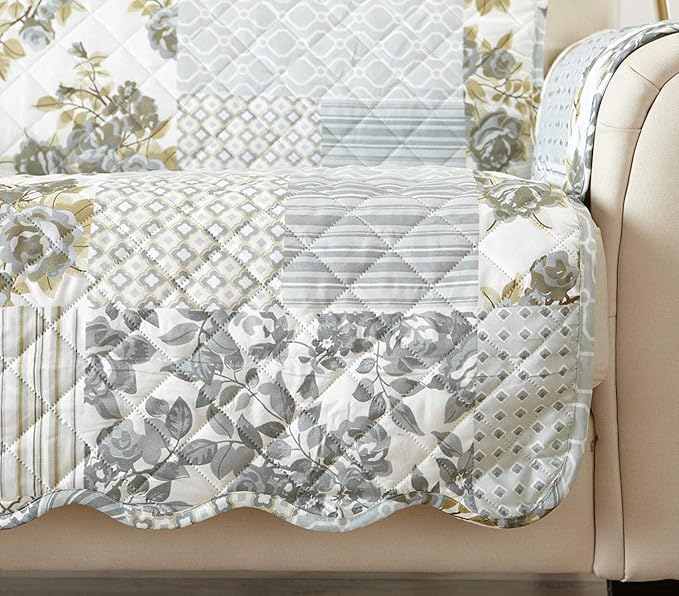 Great Bay Home Reversible Patchwork Sofa Cover - Washable Slipcover Furniture Protector with Elastic Straps - Perfect for Kids & Pets - Box-Stitched Detail (Grey)
