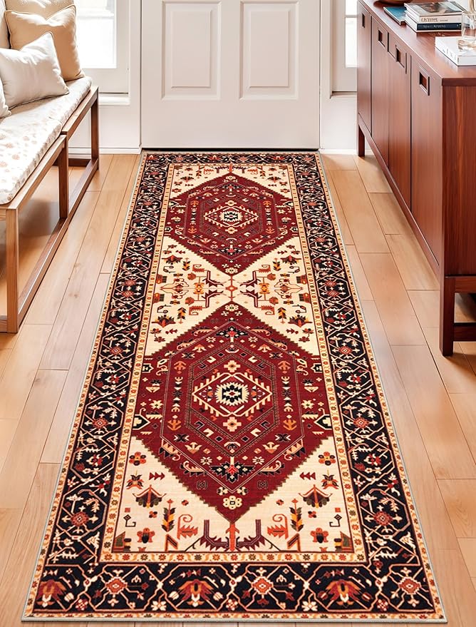SERISSA Boho Washable Runner Rug, 2x6 Rug Runner Non-Slip Vintage Red Black Hallway Kitchen Runner Rug Ultra Soft Print Distressed Floor Carpet Runner for Bedroom Bathroom Laundry Living Room