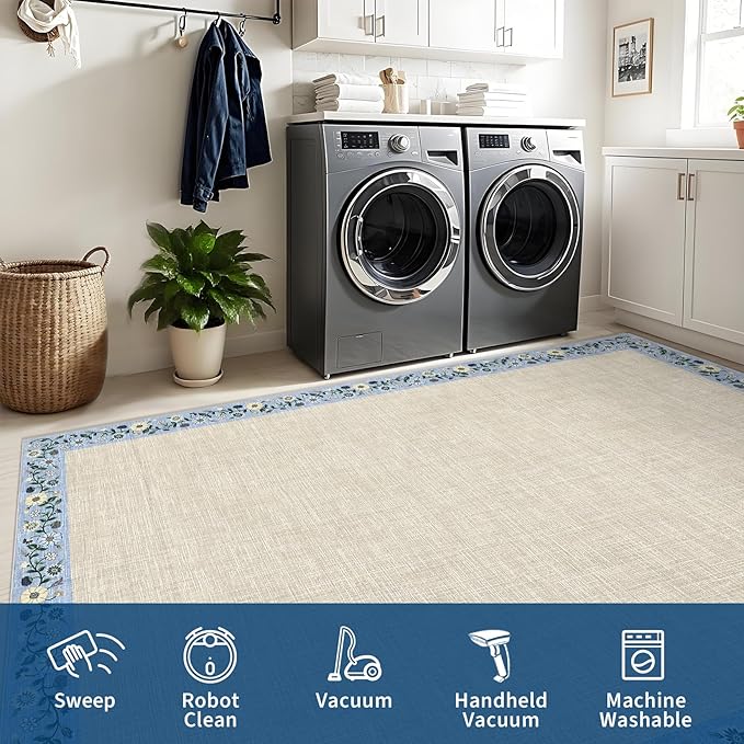 GarveeHome Entryway Rug 2x6 Modern Bordered Runner Rug Washable Kitchen Runners for Hallway Non-Slip Low-Pile Soft Carpet Floral Print Bathroom Mat for Bedroom Laundry Room, Beige