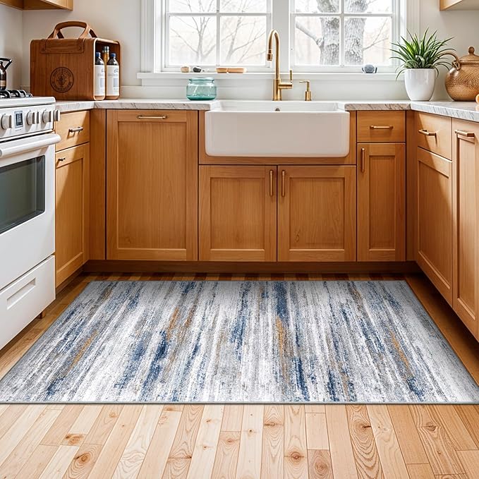 2x4 Washable Entryway Runner Rugs: Easy-to-Clean Runners for Hallway Bedroom - Stain and Water Resistant Rug with Non-Slip Backing - Soft Low-Pile Door Mat Kitchen Carpet Navy Grey