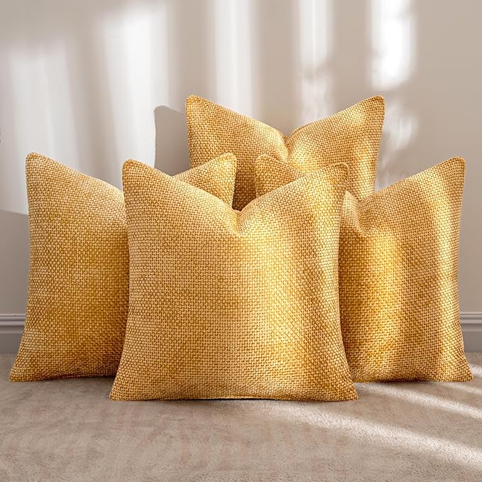 MIULEE Pack of 4 Couch Throw Pillow Covers 18x18 Inch Gold Soft Decorative Chenille Pillow Covers Farmhouse Accent Cushion Covers for Boho Spring Home Decor Sofa Bedroom Living Room