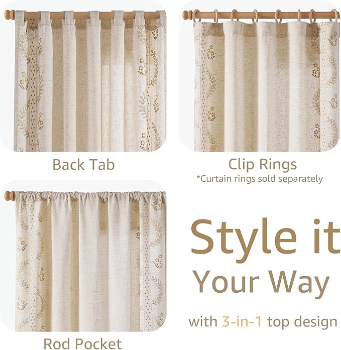 jinchan Belrose 4 Panel Curtains Set 90 Inch Length Floral Curtains Linen Blend Beige Embroidered Drapes Farmhouse Flower Patterned Drapes for Living Room Bedroom Window Treatments Set of 4