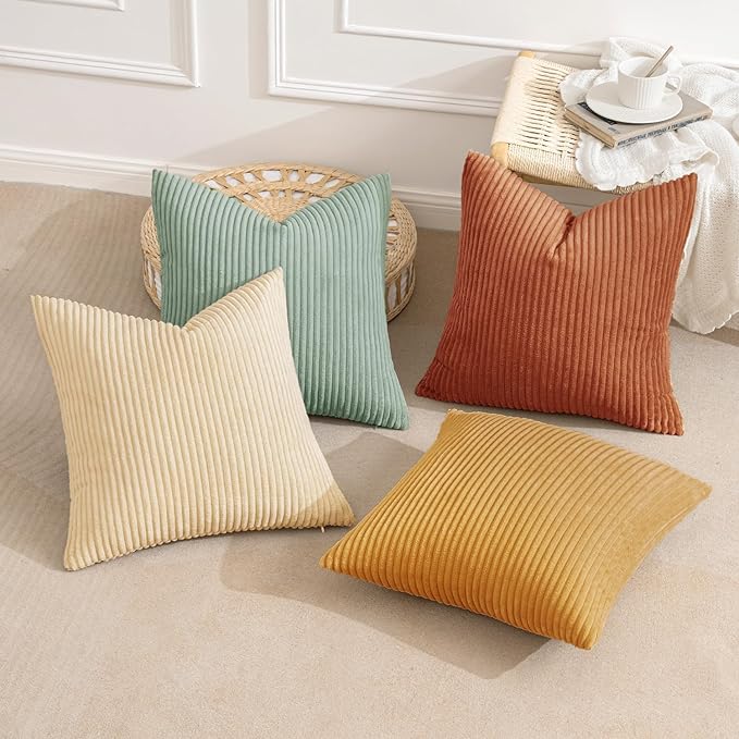 MIULEE Boho Farmhouse Throw Pillow Covers 16x16 Inch Set of 4 Modern Natural Decorative Cushion Covers Soft Corduroy Home Decor for Spring Couch Bed Sofa Living Room Teal-Rust Gradient Series