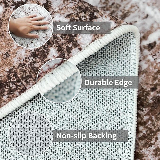 2x8 Washable Runner Rugs for Hallway: Easy-to-Clean Abstract Runners for Entryway Bedroom - Stain and Water Resistant Rugs with Non-Slip Backing - Soft Low-Pile Carpet Brown Khaki White