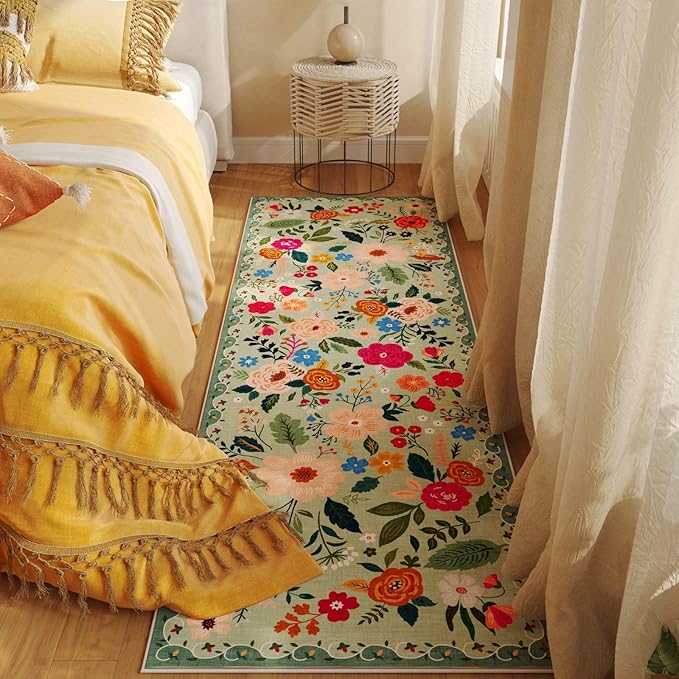 Rugcomf 2x5 Rug Runner - Floral Machine Washable Kitchen Rug, Non-Slip Low Pile Boho Carpet for Hallways, Laundry, Entryway, Bedroom, Bathroom - Green