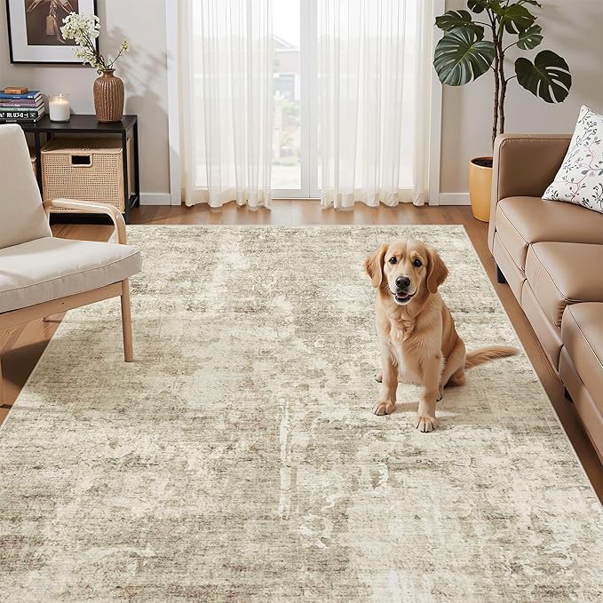 4x6 Area Rugs for Living Room, Vintage Washable Rugs for Dining Room, Bedroom, Home Office Decor, Non-Slip Beige/Gray Carpet Thin Rug