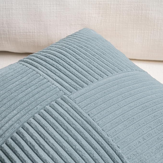 Fancy Homi Set of 2 Light Blue Long Lumbar Decorative Throw Pillow Covers 16x24 Inch for Couch Bed Sofa, Rustic Farmhouse Boho Home Decor, Soft Striped Corduroy Rectangle Accent Cushion Case 40x60 cm