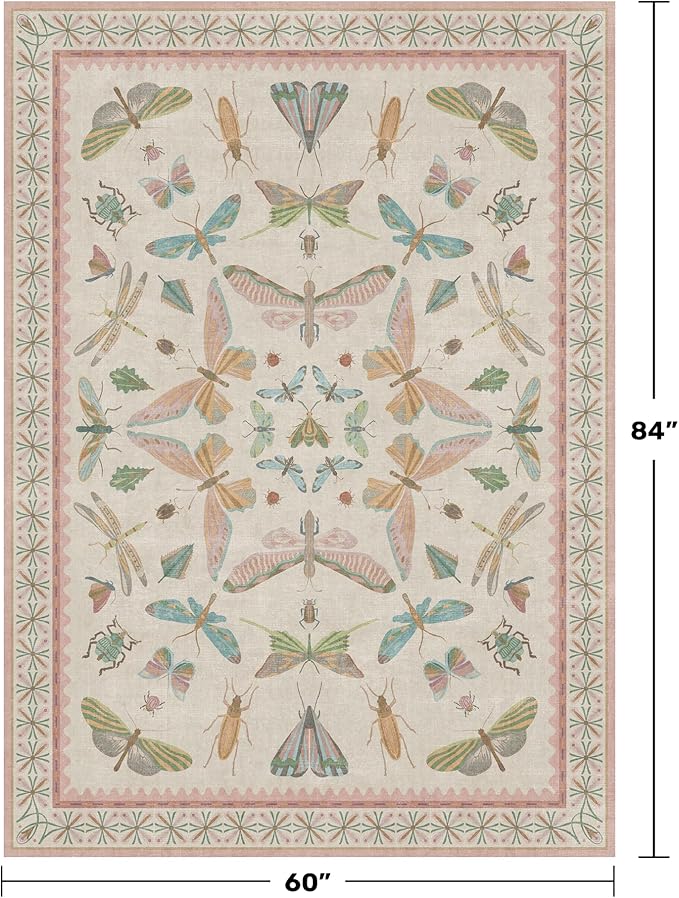 Hazo Haus Butterfly Area Rugs 5x7 for Baby Nursery, Cute Light Pink Rugs for Bedroom Girls, Living Room, Kids Room Playroom Reading Corner, Washable Ultra Soft Stain Resistant Floral Floor Decor