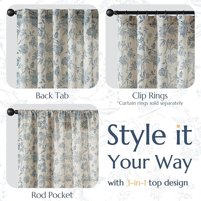 jinchan Linen Floral Curtains for Living Room with Printed Flower 84 Inches Long Light Filtering French Country Back Tab Rod Pocket Blue Window Curtain Set Farmhouse Drapes 2 Panels Blue