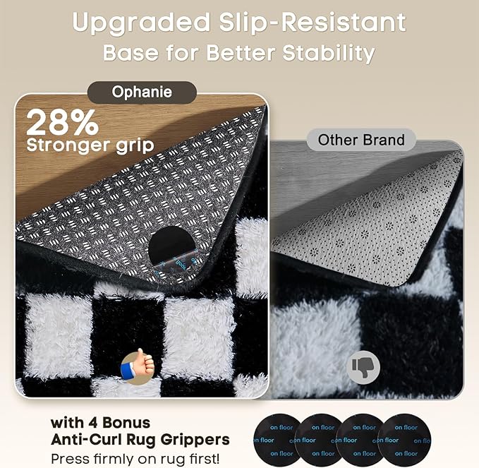 Ophanie Checkered Black & White Rug for Living Room Bedroom, Fluffy Soft Cute Fuzzy Area Rugs, Shag Plush Shaggy Bedside Floor 4x6 Furry Carpet for Kids Baby Teen Dorm Nursery Home Decor Aesthetic