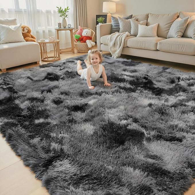 Super Soft Shaggy Area Rugs for Bedroom 4x6 Feet, Shaggy Plush Living Room Shag Furry Floor Rugs, Non-Shedding Indoor Rugs for Living Room Decor(4 x 6, Dark Grey Tie-Dyed)