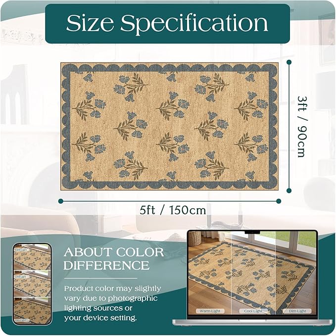 3x5 Floral Entry Rug - Small Washable Indoor Outdoor Mats for Front Door Non-Slip Jute-Look Porch Rug Boho Blue Scalloped Throw Rugs for Living Room Bedroom Entryway Kitchen Office Porch Decor