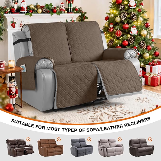 VANSOFY Waterproof Recliner Couch Covers, Sofa Covers 1-Piece Washable Reclining Sofa Cover Non-Slip Furniture Protector with Elastic Straps Pocket for Dogs, Pets(Brown,2 Seater)