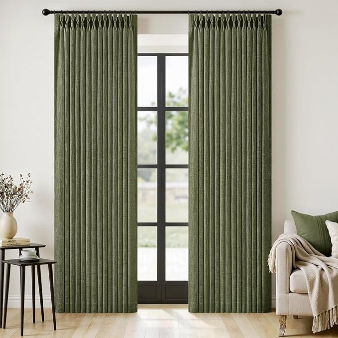 MIULEE Olive Green Pinch Pleated Linen Curtains 90 Inches Long 2 Panels for Living Room Bedroom, Linen Texture Memory Trained Drapes Pleat Back Tab Semi Sheer Moss Green Window Curtains with Hooks