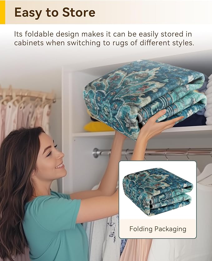 RELEANY Area Rugs 8ft Washable Non-Slip, Floral Vintage Distress Print Pattern Medallion Carpet for Living Room Bedroom Dining Room, Teal Green Lake Blue Turquoise