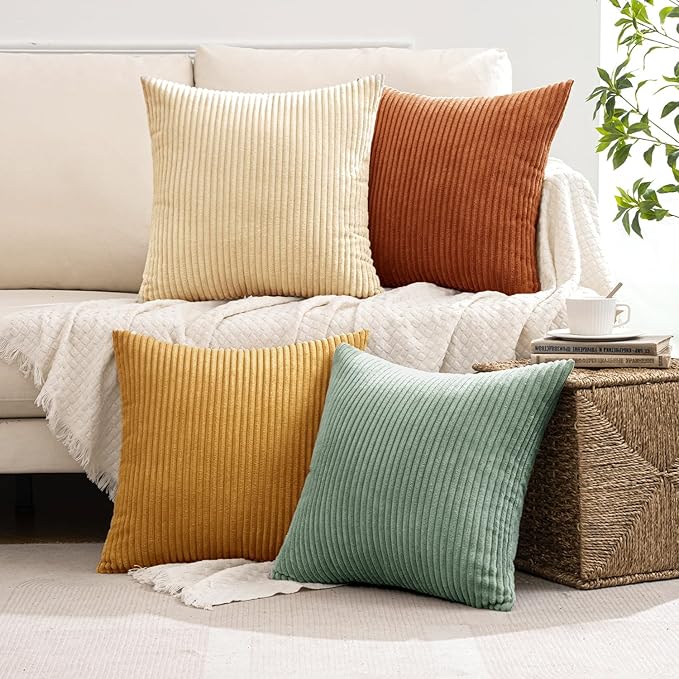 MIULEE Boho Farmhouse Throw Pillow Covers 18x18 Inch Set of 4 Summer Modern Natural Decorative Cushion Covers Soft Corduroy Spring Decor for Couch Bed Sofa Living Room Orange Teal Gradient Series