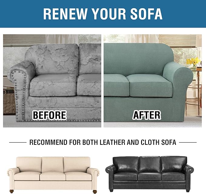 H.VERSAILTEX 4 Piece Stretch Sofa Covers for 3 Cushion Couch Covers for Living Room Furniture Slipcovers (Base Cover Plus 3 Seat Cushion Covers) Upgraded Thicker Jacquard Fabric (Sofa, Sage)