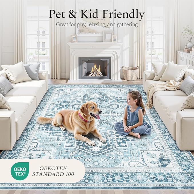 Rugflix 5x7 Area Rugs for Living Room, Machine Washable Rug Non Slip Stain Resistance, Large Rug Vintage Distressed Soft Carpet for Bedroom, Dining Room, Home Office, Blue