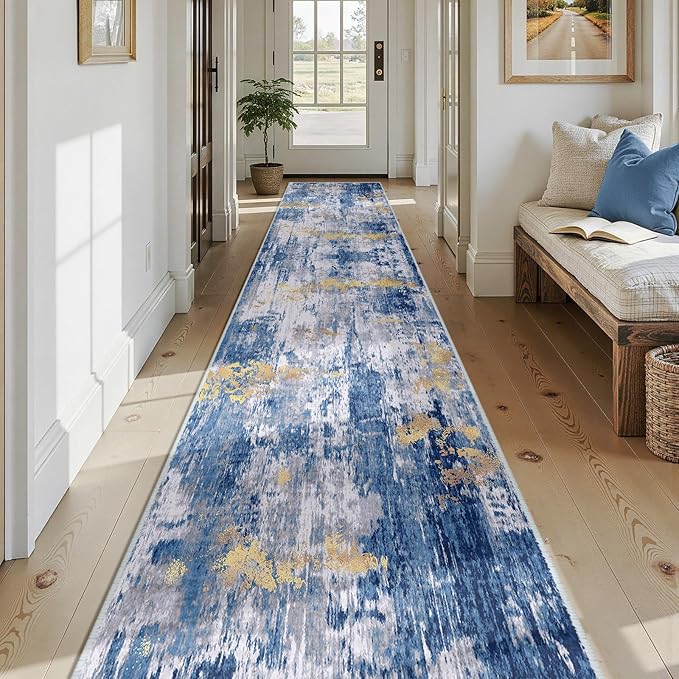 Washable Area Rugs 2'6'' x14 Non-Slip Modern Abstract Soft for Living Room Entryway Bedroom Nursery, Print Pattern, Grey Blue Gold/Golden
