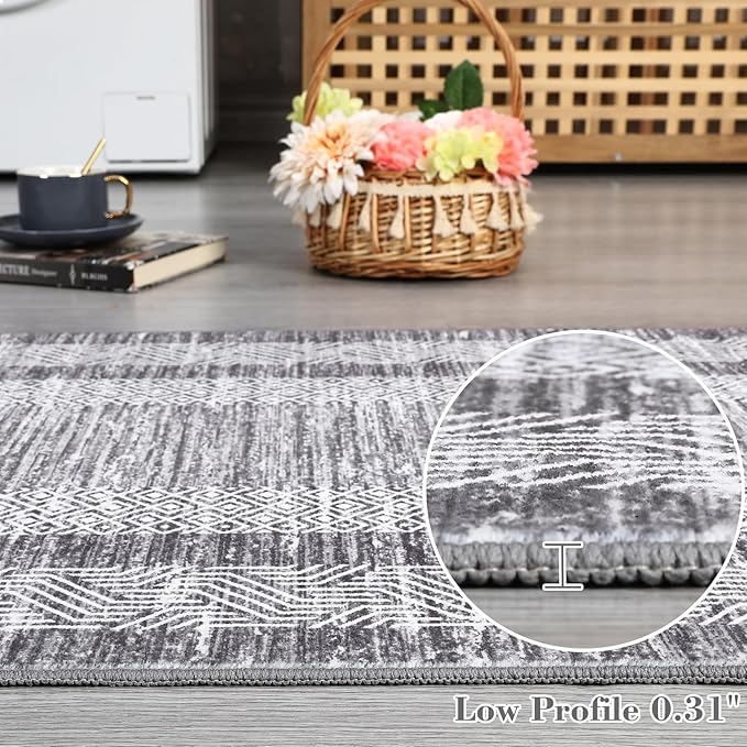 GarveeHome Modern Geometric Area Rug 4x6 Distressed Bordered Washable Non Slip Floor Carpet Non Shedding Thin Soft Low Pile Contemporary Gray Rug for Dining Room, Living Room